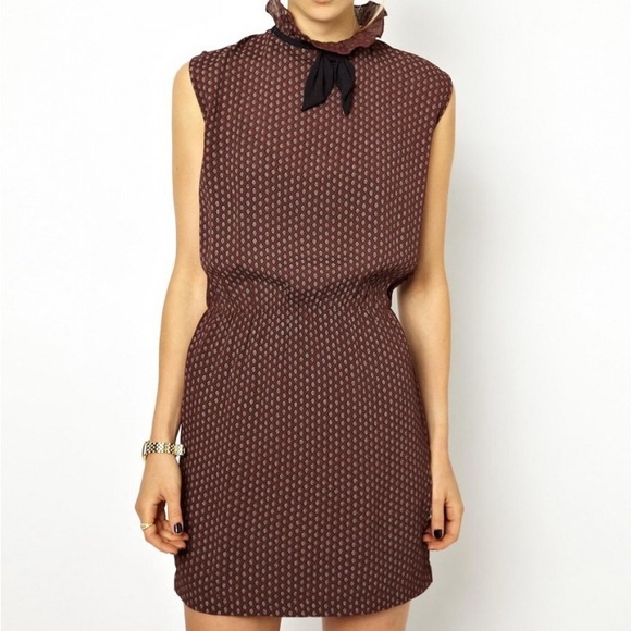 Ganni La Motte Brown Brown Diamond Print Sleeveless Mini Dress Women’s Small - Picture 1 of 13